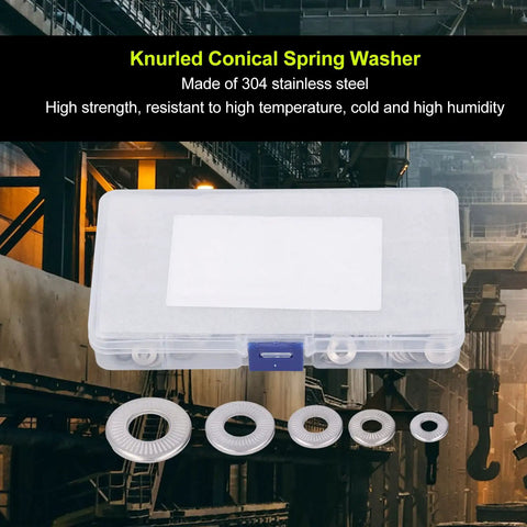 Built To Last 140 Pcs Conical Knurled Spring Washers Set In 304 Stainless Steel Belleville And Flat Washers For Outdoor Construction And Electrical Maintenance Includes Size M4 M5 M6 M8 M10, storage box and washers