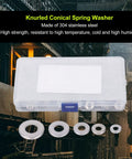 Conical Knurled Spring Washers Kit In 304 Stainless Steel Belleville Style Flat Washers 5 Sizes M4 M5 M6 M8 M10 Outdoor Construction And Electrical Maintenance Ready Heavy Duty All Purpose Hardware Set in storage box