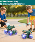 Two boys playing with Amphibious RC Car Boat For Kids Ages Five To Twelve, Water Squirting Remote Control Vehicle With Lights in garden