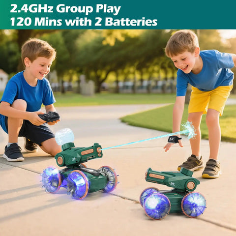 Two boys playing with Amphibious RC Car Boat For Kids Ages Five To Twelve, Water Squirting Remote Control Vehicle With Lights in garden