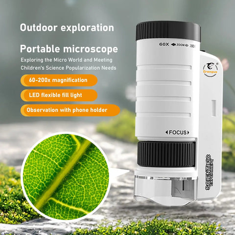 Pocket LED Microscope With 60X To 200X Zoom, Portable Handheld Micro Observation Tool For Kids And Adults, Mini Field Lab Microscope For Science Projects And Outdoor Microbe Exploration, white plastic body with focus knob