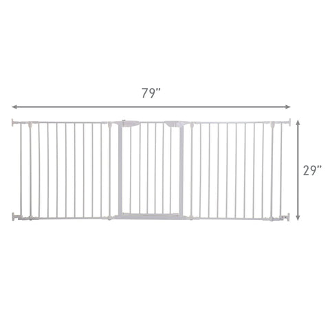 Extra Wide Baby Gate With Door Kid Safe For Stairs And Hallways Hardware Mounted shown at full 79" width and 29" height