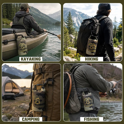 Waterproof 2L Camouflage Dry Bag With Roll Top Closure attached to kayak, backpack, and camping gear in various outdoor settings.