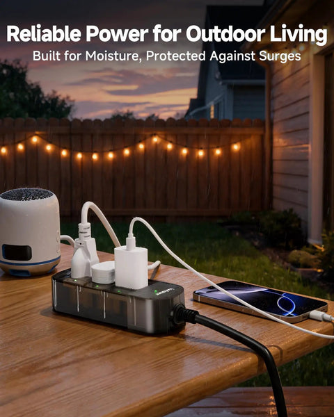 Weatherproof Outdoor Power Strip With 3 AC Outlets And A 15ft Extension Cord For Patio Or Yard, Heavy Duty, Water Resistant, High Power 1625W, Durable Build For Safe Outdoor Setup on patio table