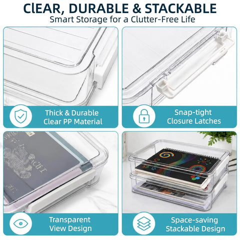 Two Pack Plastic File Storage Boxes With Lids And Latches Clear Flat A4 Document Organizer with stackable design