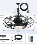 20 Inch Black Outdoor Ceiling Fan With Light And Remote App Control Three Color Temperatures Six Speed Options IP65 Waterproof Gazebo Hanging Fan For Patio Porch Garage Canopy with dimensions labeled, remote and app control displayed.