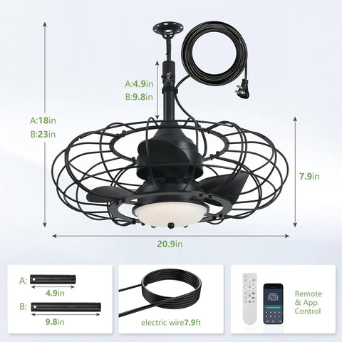 20 Inch Black Outdoor Ceiling Fan With Light And Remote App Control Three Color Temperatures Six Speed Options IP65 Waterproof Gazebo Hanging Fan For Patio Porch Garage Canopy with dimensions labeled, remote and app control displayed.