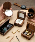 40 Pcs Mini Brass Barrel Hinges For Wooden Boxes displayed with jewelry and small accessories, showcasing hidden cylinder pivot hardware.