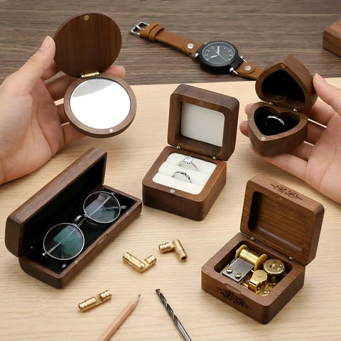 40 Pcs Mini Brass Barrel Hinges For Wooden Boxes displayed with jewelry and small accessories, showcasing hidden cylinder pivot hardware.