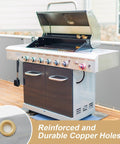 Heavy Duty Fireproof Grill Backsplash Mat To Shield Your Deck Fence And Railing From Scorching Heat Grease Splatter And Smoke on grill with open lid.