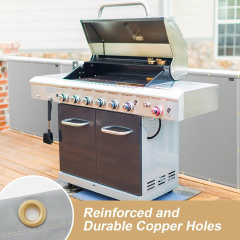 Heavy Duty Fireproof Grill Backsplash Mat To Shield Your Deck Fence And Railing From Scorching Heat Grease Splatter And Smoke on grill with open lid.