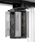 Heavy Duty Under Desk PC Mount Featuring Zero Drill Hassle For Adjustable Standing Workstations securing mid tower computer in black design.