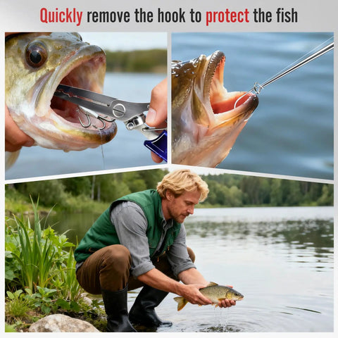 Angler using Grab And Go Fishing Pliers Set With Two Magnetic Hook Removers on catfish near lake.