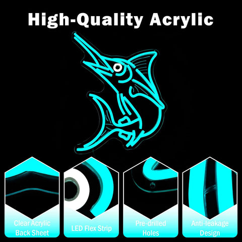 Ice Blue Marlin Neon Sign with USB Power, acrylic back sheet, and pre-drilled holes for quick mounting