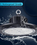 240W LED High Bay Light UFO Ceiling Lamp 36000LM UL DLC Certified IP65 Waterproof Shop Lighting in water splash test