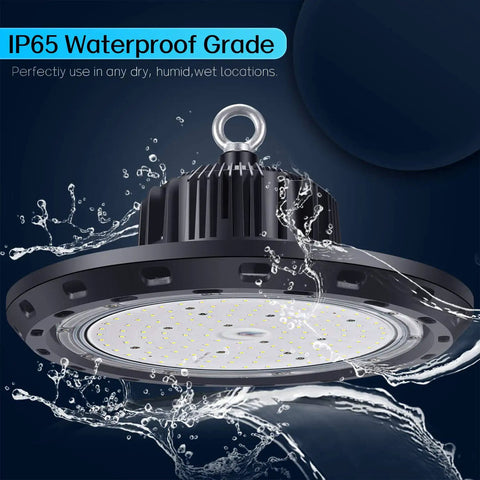 240W LED High Bay Light UFO Ceiling Lamp 36000LM UL DLC Certified IP65 Waterproof Shop Lighting in water splash test