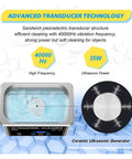 Hualuck 800ml Ultrasonic Cleaner With Heater And Timer showing 40000Hz cleaning technology with a stainless steel tank and ultrasonic generator.