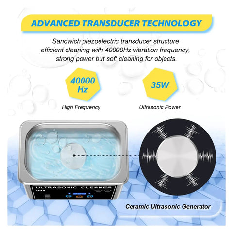 Hualuck 800ml Ultrasonic Cleaner With Heater And Timer showing 40000Hz cleaning technology with a stainless steel tank and ultrasonic generator.