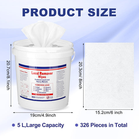 325 Count Lead Removal Wipes For Shooting Disposable Hand And Surface Cleaning Wipes To Remove Lead Dust Oil And Grime From Heavy Metal Parts Durable Non Woven Material displayed with dimensions and capacity