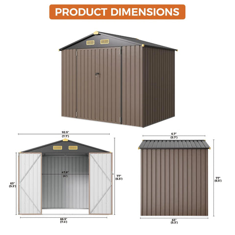 Weatherproof 8x6 Feet Outdoor Storage Shed With Lockable Doors Thick Galvanized Steel Construction Brown dimensions