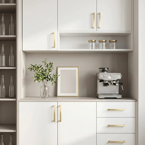 Gold 5 Inch Cabinet Handles Square Brushed Brass Pulls For Kitchen Cabinets in modern kitchen setup
