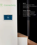 Wall-mounted large 5 inch full color touchscreen WiFi thermostat for 24V HVAC systems with Alexa enabled control app.
