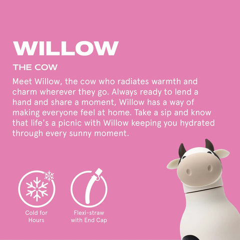 Charming Cow Print Water Bottle For Kids And Teens Bpa Free Reusable Insulated Sipper Cup Limited Edition Collectible Character Gear Squad Approved Vibe Plus Leak Proof Lid with cow design on a pink background.