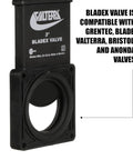 Bladex 3 Inch Waste Valve Body With Metal Handle Mess Free RV Campers And Trailers Replacement Valve Easy DIY Repair Compatible With GrenTec Blade Bristol Anonda And More, close-up view showing compatibility text.
