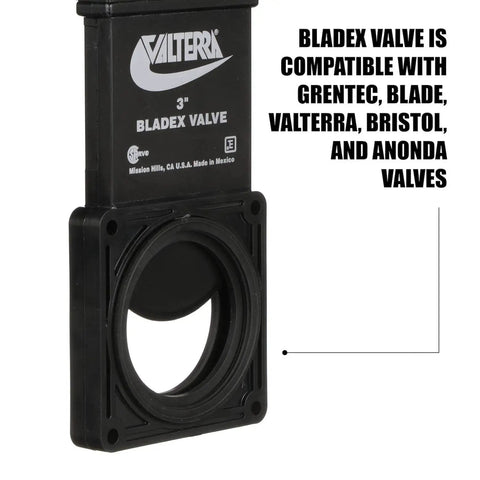 Bladex 3 Inch Waste Valve Body With Metal Handle Mess Free RV Campers And Trailers Replacement Valve Easy DIY Repair Compatible With GrenTec Blade Bristol Anonda And More, close-up view showing compatibility text.