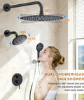 FAROLAN Shower Faucet Set, Wall Mounted Rain Shower System with 12"&6" Heads, showing dual shower heads and adjustable angles.