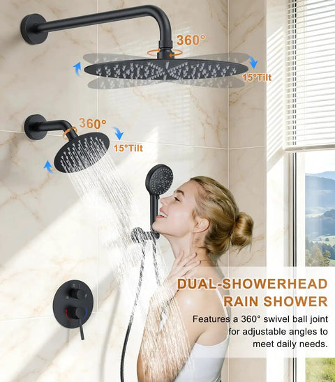 FAROLAN Shower Faucet Set, Wall Mounted Rain Shower System with 12"&6" Heads, showing dual shower heads and adjustable angles.