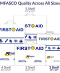 Front-view MFASCO First Aid cabinet packaging lineup showing 4-, 2-, 3-, and 5-shelf wall-mount kits with blue/yellow branding.