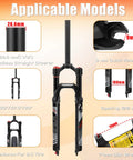 Infographic of Air MTB Suspension Fork With Rebound Adjustment For 26 27.5 29 Wheels, 120mm Travel, showing size and features.