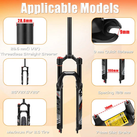Infographic of Air MTB Suspension Fork With Rebound Adjustment For 26 27.5 29 Wheels, 120mm Travel, showing size and features.