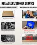 Customer service guide for damaged packages showing a worker with damaged solar panel kit and contact information