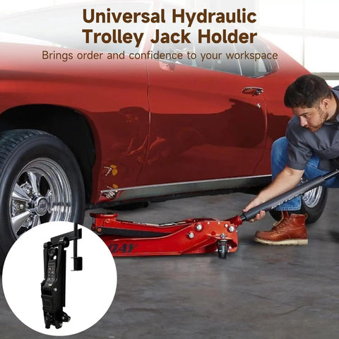 Wall Mount Hydraulic Floor Jack Storage Rack Universal Fit For Most Hydraulic Floor Jacks beside red car with man using jack