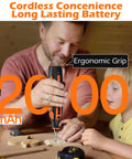 Man using Hardcore 12V Cordless Rotary Tool Kit with 2000mAh battery for DIY projects, showcasing ergonomic grip.