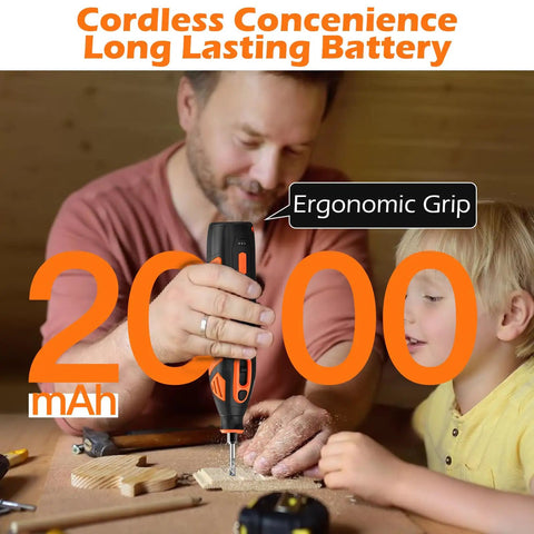 Man using Hardcore 12V Cordless Rotary Tool Kit with 2000mAh battery for DIY projects, showcasing ergonomic grip.