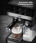 Heavy Duty 20 Bar Automatic Espresso Machine With Hella Rich Crema And Kickin Smooth Milk Frothing For Straight Up Pro Level Cappuccino Latte Coffee Brewing displaying espresso and frothed milk.