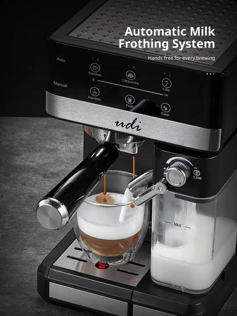 Heavy Duty 20 Bar Automatic Espresso Machine With Hella Rich Crema And Kickin Smooth Milk Frothing For Straight Up Pro Level Cappuccino Latte Coffee Brewing displaying espresso and frothed milk.