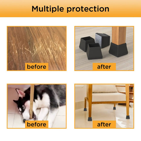16 Piece Square Chair Leg Protectors Set Silicone Furniture Feet showcased with before and after floor protection examples
