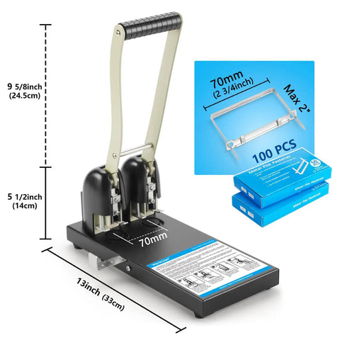 Heavy Duty Two Hole Paper Punch For Binders Metal Power Puncher With Long Lever Punches Up To 150 Sheets, 70mm Hole Distance