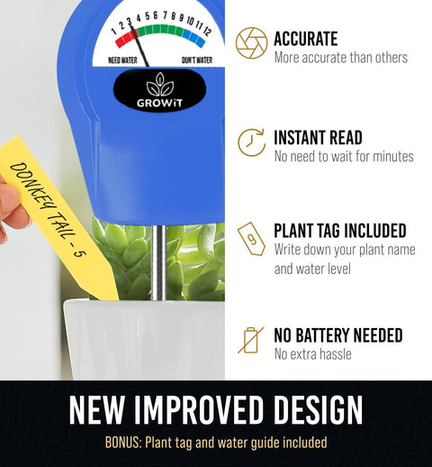 Soil Moisture Meter For Plants No Guesswork Quick Accurate Hydrometer For Indoor Houseplants And Outdoor Gardens Stop Overwatering With Easy Fast Water Readings And Real Time Soil Moisture Levels blue analog meter in pot with plant tag