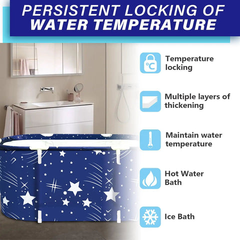 Portable Folding Bathtub Soak Tub For Tiny Bathrooms And Showers with starry night blue design, thermal foam, no pump needed.