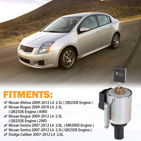 CVT transmission step motor and Nissan Altima sedan; front view of silver motor and car
