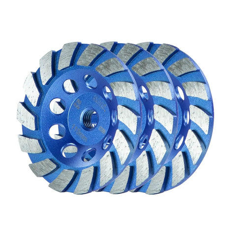 Four And A Half Inch Concrete Grinding Wheel Set With Three Pieces Featuring Turbo Diamond Segments Five Eighth To Eleven Arbor Fourteen