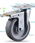 Heavy Duty Five Inch Caster Wheels Set Of Four With Dual Lock Brakes Built Tough TPR Rubber Industrial Casters For Rolling Carts Furniture And Workbenches Tough As Nails To Haul Heavy Loads Without A Sweat showing a close-up of a gray caster wheel with dual lock brake features.