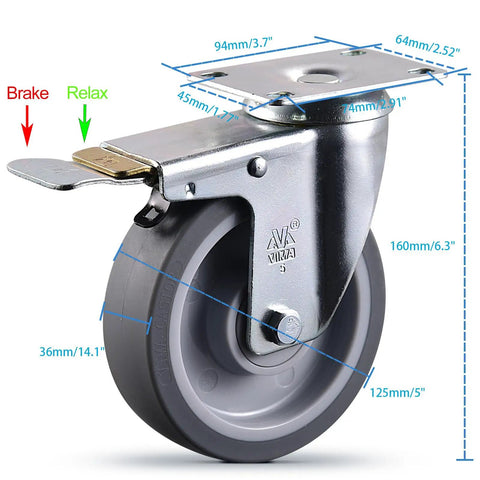 Heavy Duty Five Inch Caster Wheels Set Of Four With Dual Lock Brakes Built Tough TPR Rubber Industrial Casters For Rolling Carts Furniture And Workbenches Tough As Nails To Haul Heavy Loads Without A Sweat showing a close-up of a gray caster wheel with dual lock brake features.