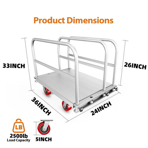 Beefy Heavy Duty Platform Cart With 2500 Lbs Capacity And 4 Swivel Casters, 36x24 Inch Steel Deck, 3 Side Handrails