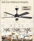 Slick 52 Inch Ceiling Fan With Flat Out Bright Light Smart App Control Dimmable Lamps showing different mounting heights in living spaces.